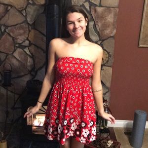 Mini red, black, and white strapless sundress